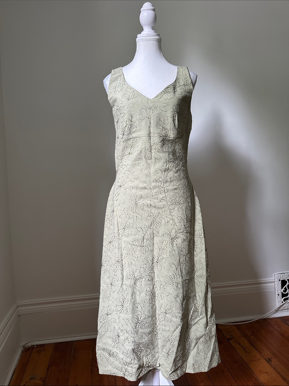 NWT FUSION Deadstock Light Green Silk Linen Embroidered Cottage Midi Dress Sz 10